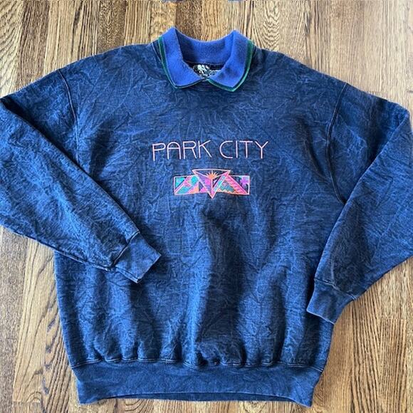 VTG Early Man Images Park City Utah Sweatshirt XL Blue Acid Wash Embroidered USA - Picture 1 of 8